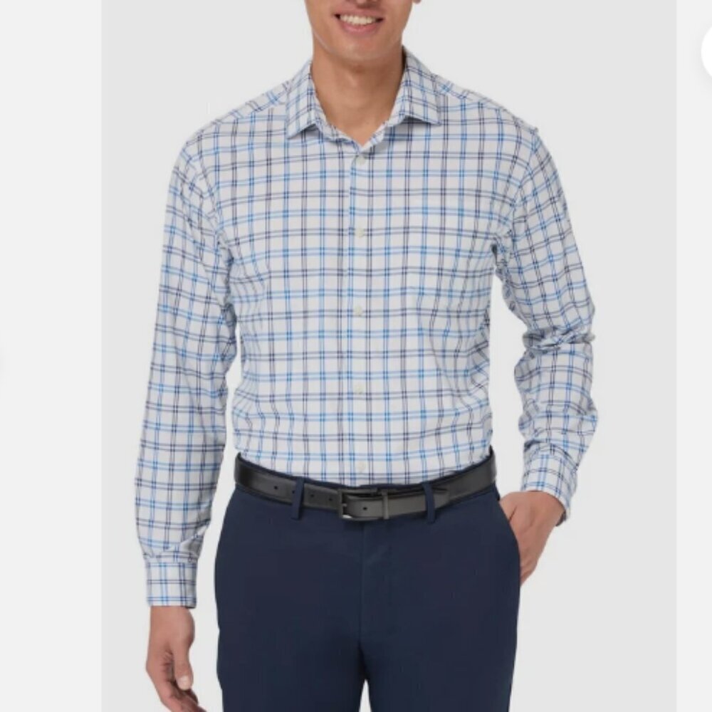 NEW Kirkland Signature Men's XL Blue & White Plaid Performance Sport Dress Shirt
